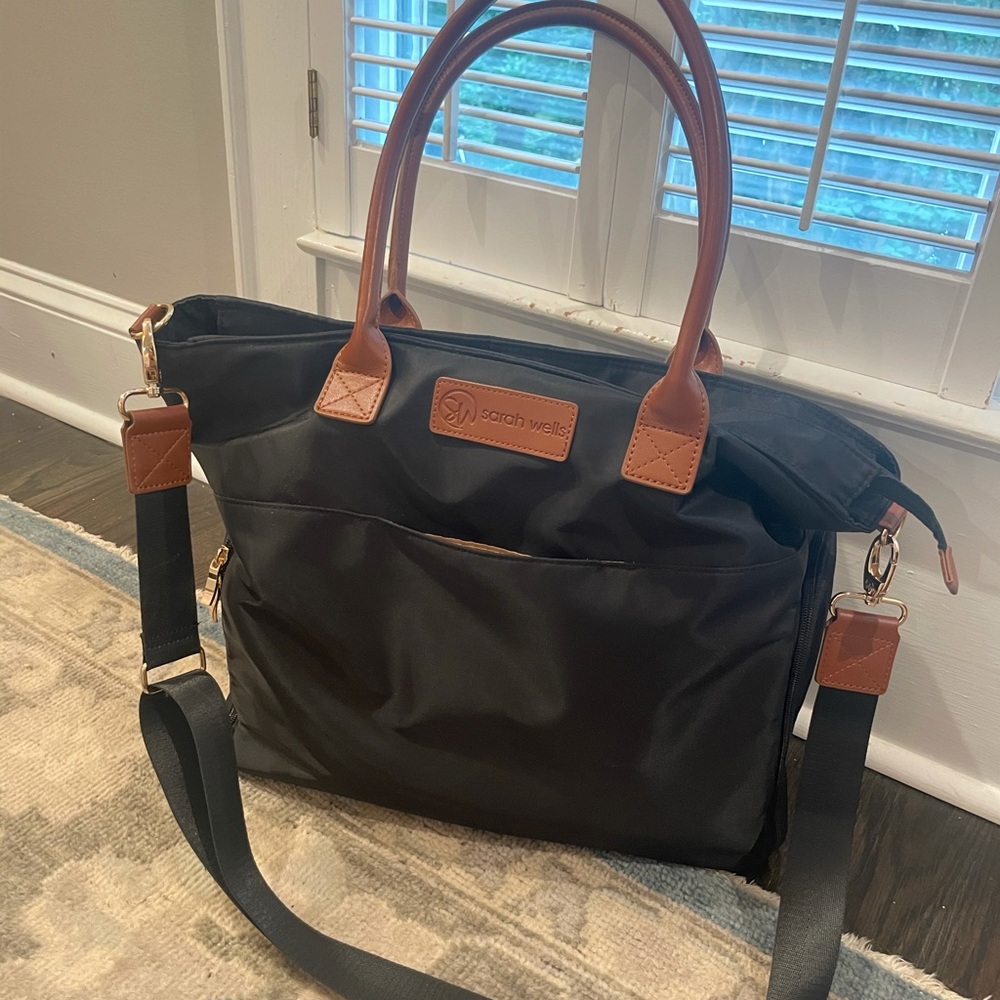 SOLD Sarah Wells black nylon and leather breast pump bag